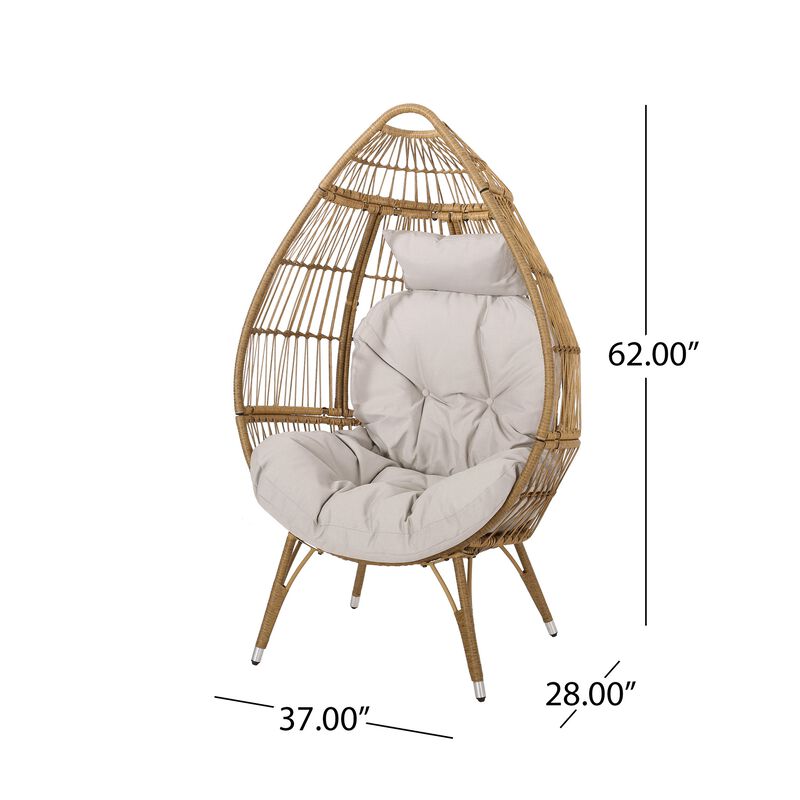 Outdoor Accent Chair, Teardrop Cocoon w Beige Pillow, Brown PE Rattan - Benzara