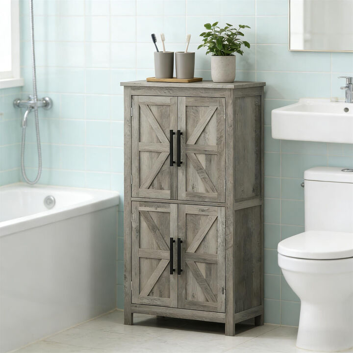 Farmhouse Storage Cabinet Light Gray Rustic Floor Cabinet with Barn Door, Adjustable Shelves