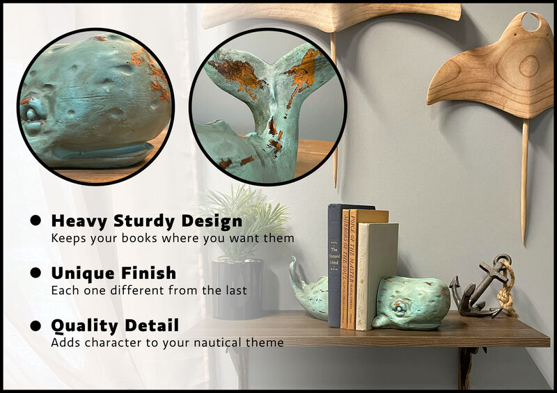 Verdigris Decorative Whale Bookends Resin Bookshelf Nautical Decor Rustic Beach image number 6