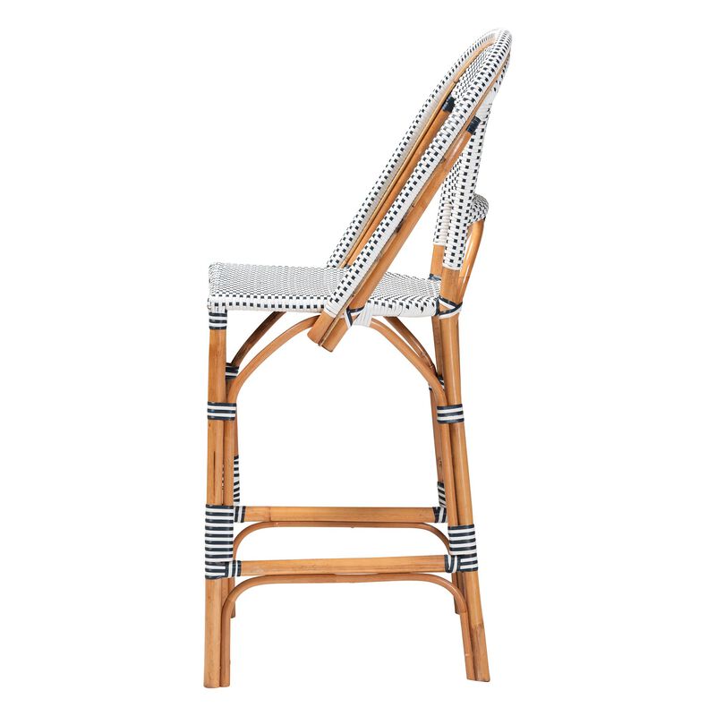 bali & pari Genica Classic French Two Tone Navy and White Weaving and Natural Rattan Bar Stool