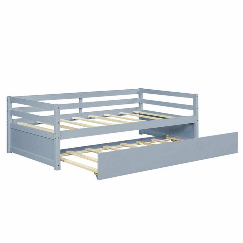Hivvago Twin Size Trundle Platform Bed Frame with  Wooden Slat Support