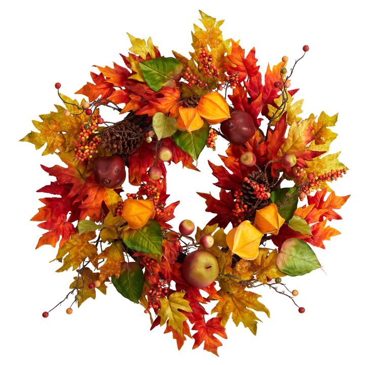 Nearly Natural 24-in Autumn Maple Leaf and Berries Fall Artificial Wreath