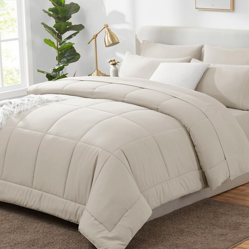 CozyLux Full Size Comforter Sets - 7 Pieces Bed in a Bag Set Beige, Bedding Sets Full with All Season Quilted Comforter, Flat Sh