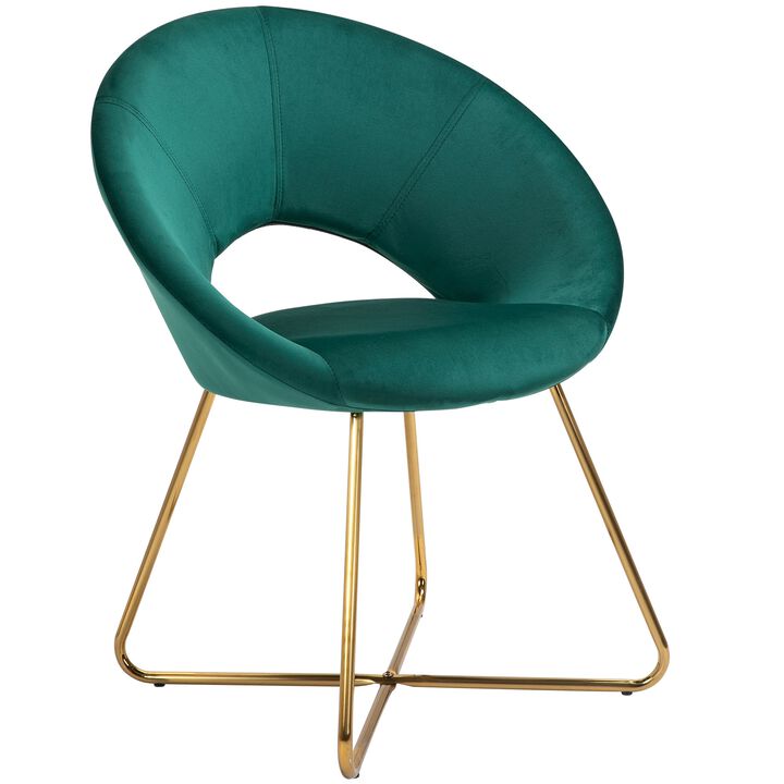 Modern Accent Velvet Chair Open Curved Mid-Back Upholstered Vanity Chair with Gold Plating Metal Legs for Living Room/Office/Reception, Green