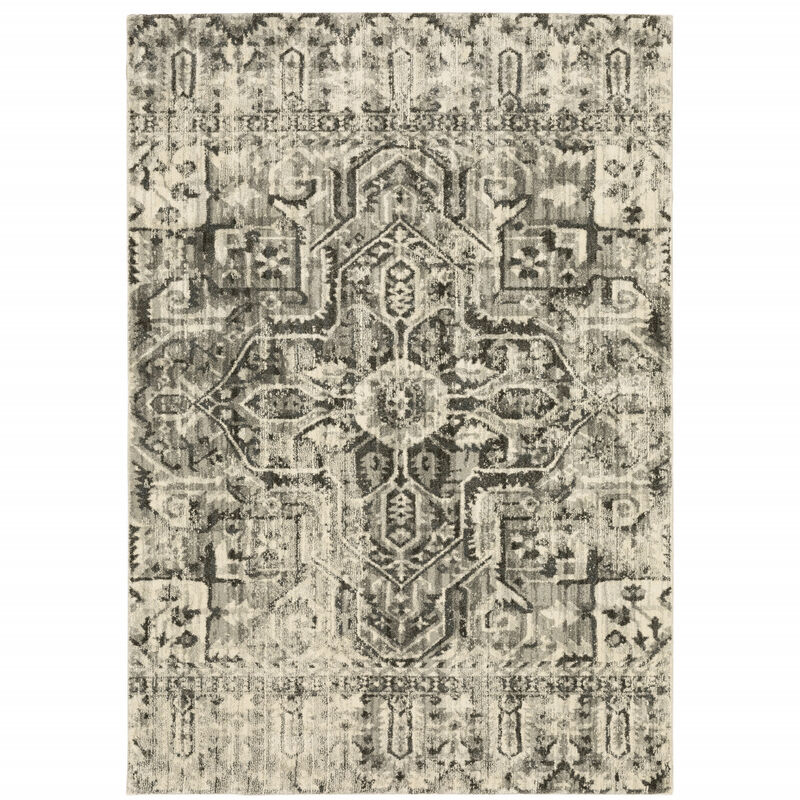 5 X 8 grey Ivory And Brown Oriental Power Loom Stain Resistant Area Rug