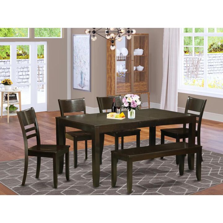 6 PC Dining Table with bench-Table with Leaf and 4 Kitchen Dining Chairs Plus Bench