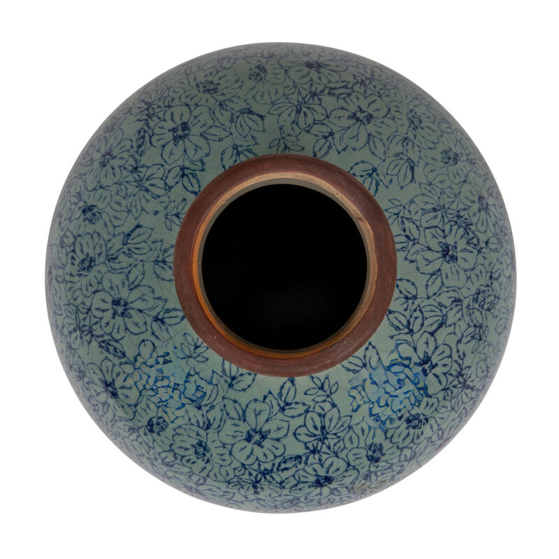 Round Decorative Terra-cotta Vase with Transferware Pattern, Blue image number 4