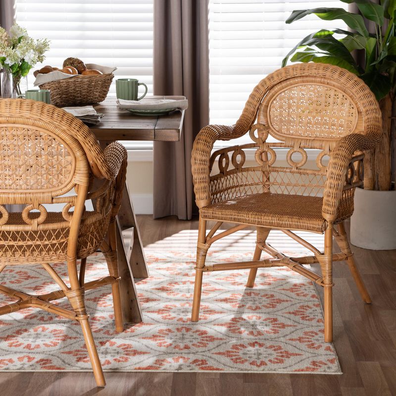bali & pari Abigale Natural Rattan Dining Chair - Handwoven Wicker Accent Chair with Arms and Openwork Frame for Kitchen or Dining Room image number 7