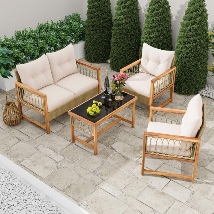Hivvago 4 Pieces Outdoor Patio PE Wicker Conversation Bistro Set with Acacia Wood Frame