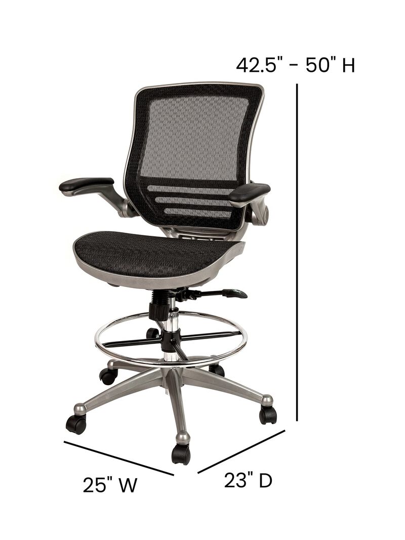 Flash Furniture Waylon Mid-Back Transparent Black Mesh Drafting Chair with Graphite Silver Frame and Flip-Up Arms