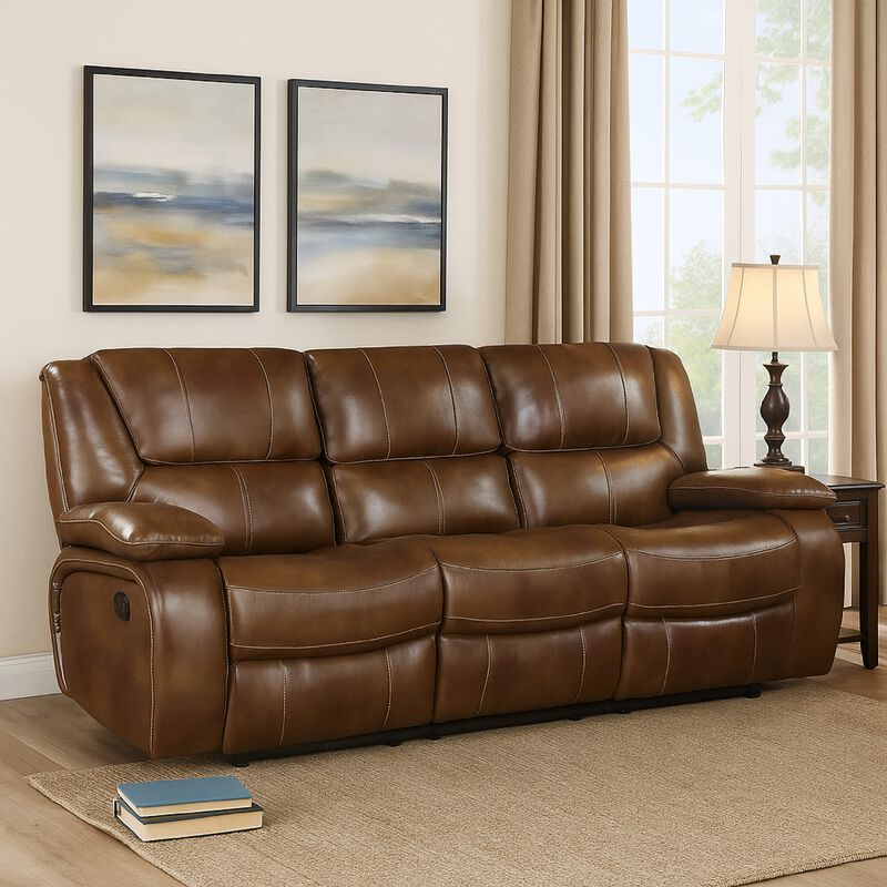 Licot Manual Double Recliner Sofa, Glossy Brown Leather, 87 Inch image number 1