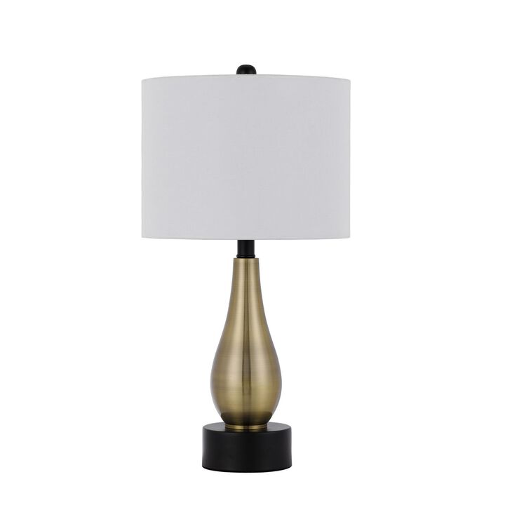 23 Inch Pear Shaped Table Lamp, Set of 2, Fabric Cylinder Shade, Black, Gold-Benzara