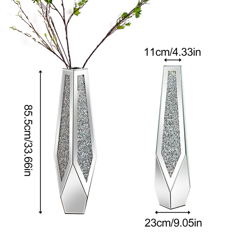 XL Floor Vase Sparkle Diamond Crushed Silver Mirrored Vase Bevelled Border Base image number 3