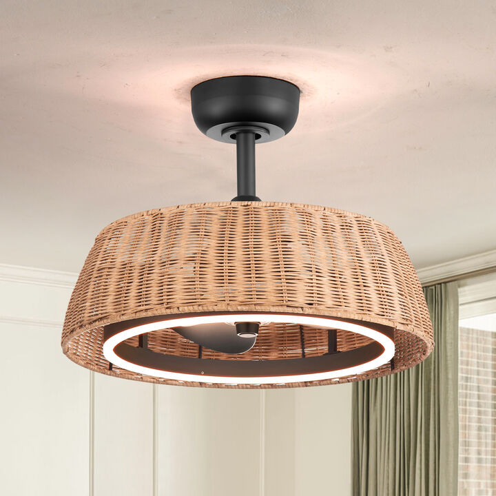 Breezary 20" LED Caged Ceiling Fan with Light, Rattan Fandelier, 6 Speed Remote, Dimmable, 3 Blades