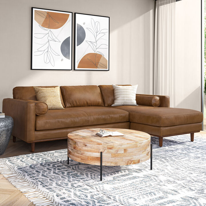 Morrison Mid Century Right Sectional 102 inch Wide Sofa Sectional in Caramel Brown Genuine Leather
