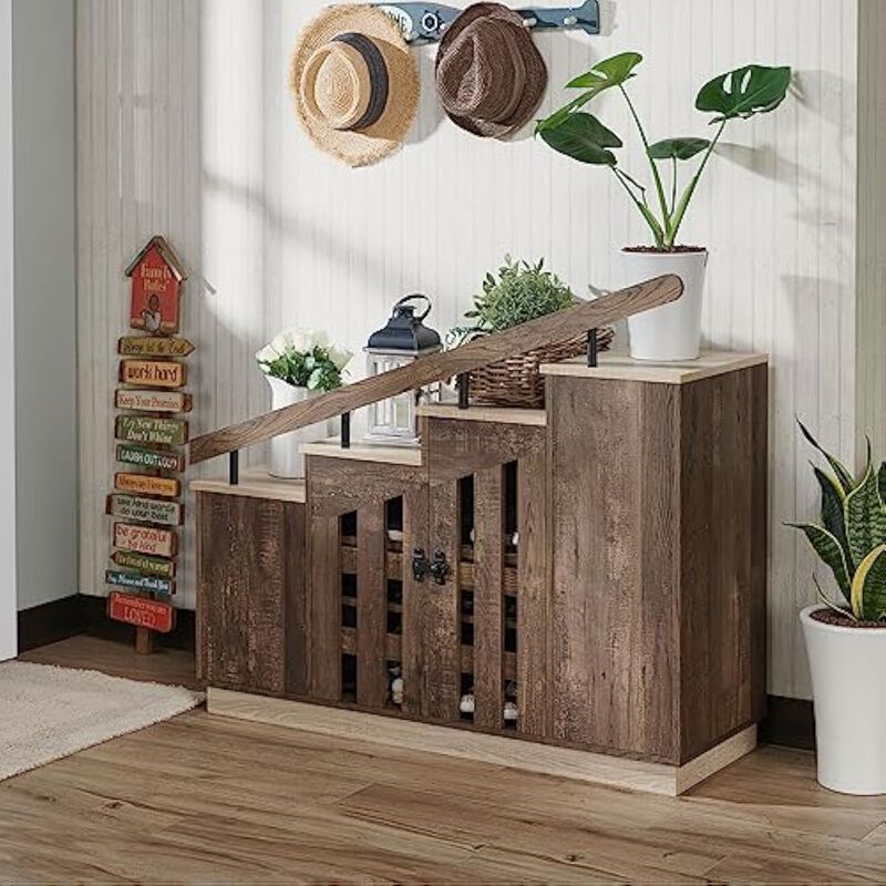 Entryway Wood Shoe Storage Cabinet 12 Pair Brown Homes Inside image number 3