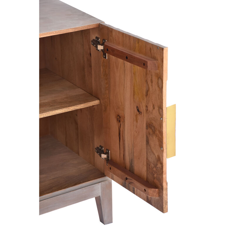 Abiel 55 Inch Mango Wood Sideboard Buffet Cabinet Console, 4 Doors, Inner Shelf, Ornate Diamond Carving, Gray