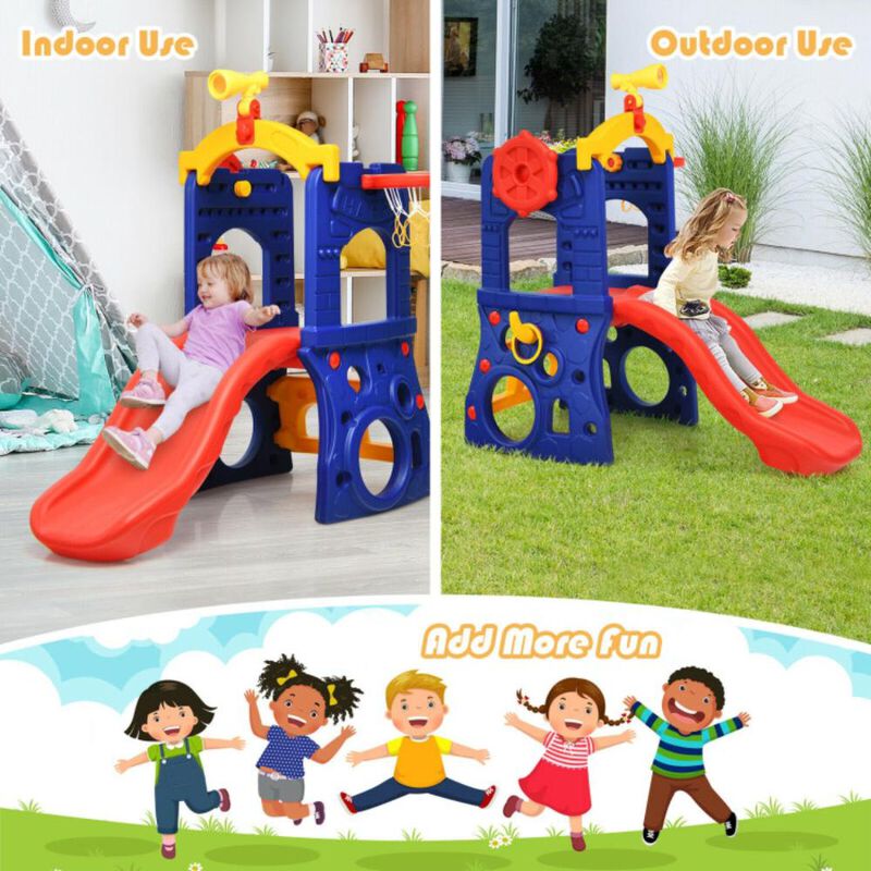Hivvago 6-in-1 Freestanding Kids Slide with Basketball Hoop and Ring Toss