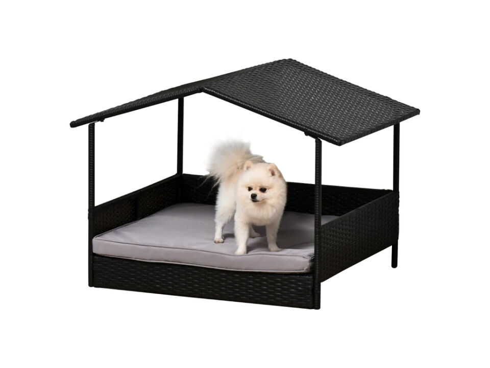 Wicker Dog House Elevated Raised Rattan Bed for Indoor/Outdoor with Removable Cushion Lounge, Grey