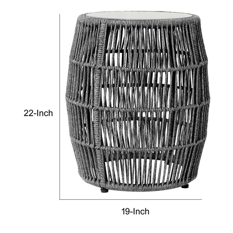 Gip 22 Inch Indoor Outdoor End Table Stool, Gray Round Stone Top, Woven Rope-Benzara