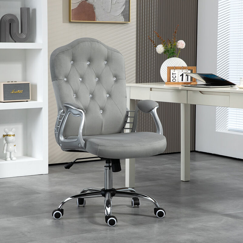 Vinsetto Home Office Chair, Velvet Computer Chair, Button Tufted Desk Chair with Swivel Wheels, Adjustable Height, and Tilt Function, Light Gray