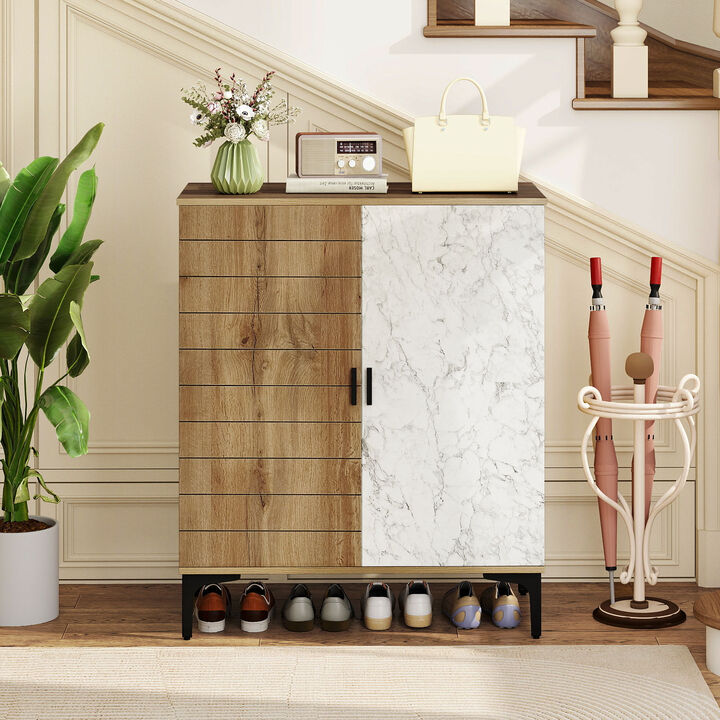 Farmhouse 4-Tier Shoe Storage Cabinet with Metal Legs and Removable Shelves - Walnut & White