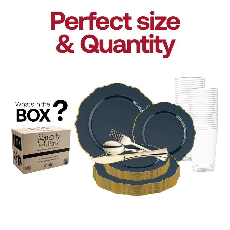 Navy with Gold Rim Round Blossom Plastic Wedding Value Set (30 Sets) image number 3