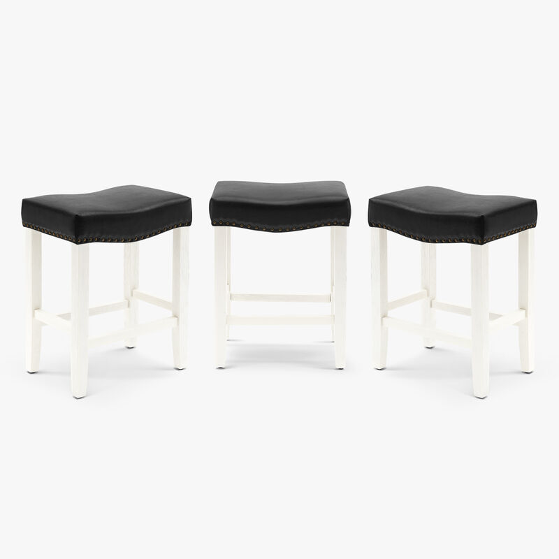 WestinTrends 24" Upholstered Saddle Seat Antique White Counter Stool (Set of 3)