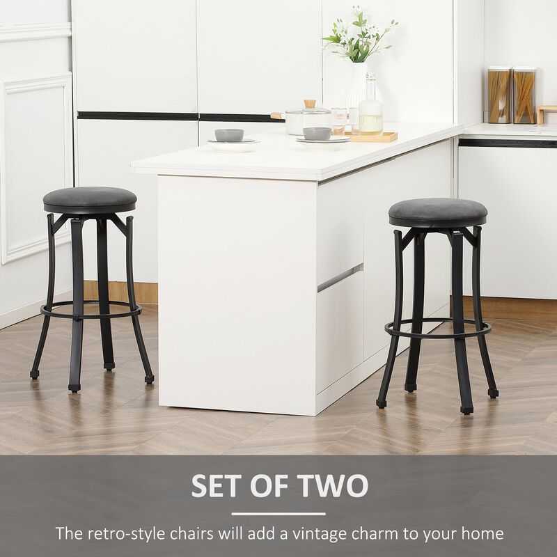 Bar Stools Set of 2, Vintage Barstools with Footrest, Microfiber Cloth Bar Chairs 29" Seat Height with Powder-coated Steel Legs, Dark Grey image number 4