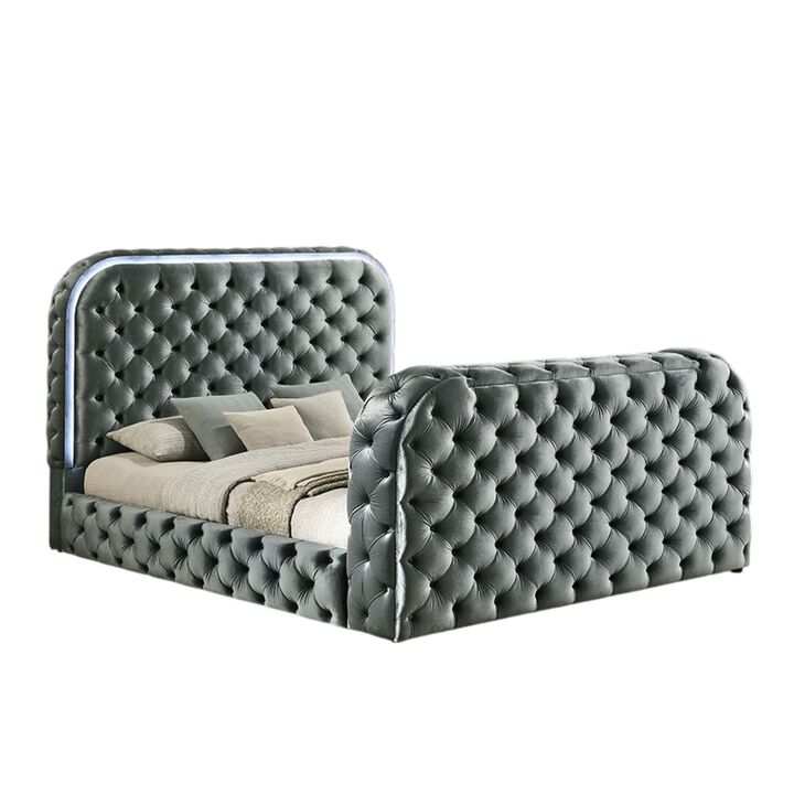 Kerie Queen Bed with LED Fireplace, Hidden Lift TV Stand, Gray Velvet - Benzara