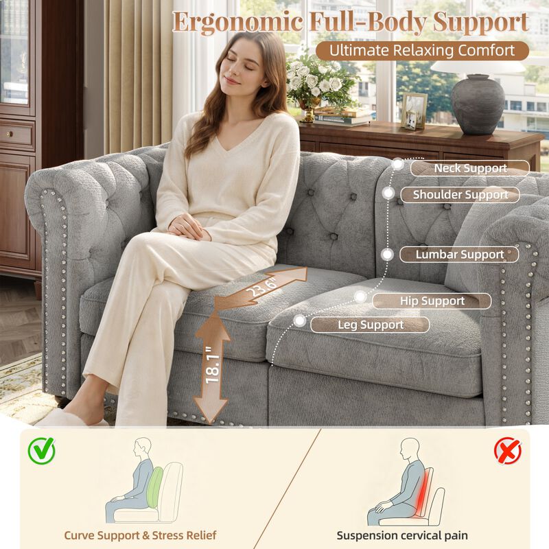 1 piece Chesterfield Sofa tufted design and nailhead trim deep seat comfort sectional sofa, sectional sofa rolled arms home or office, chenille sectional sofa plush cushion image number 7