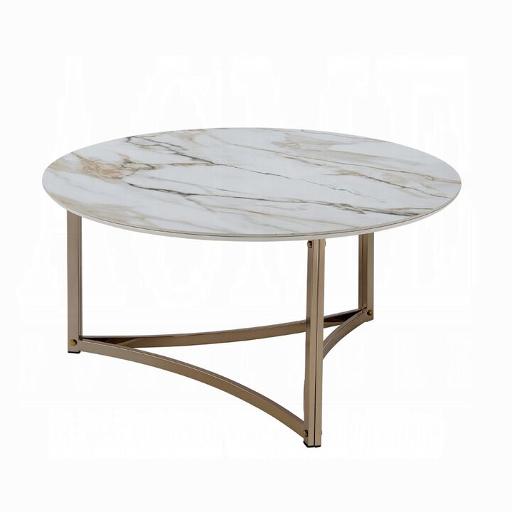 Acor Coffee Table, 35 Inch, Round Sintered Stone Top, White and Gold