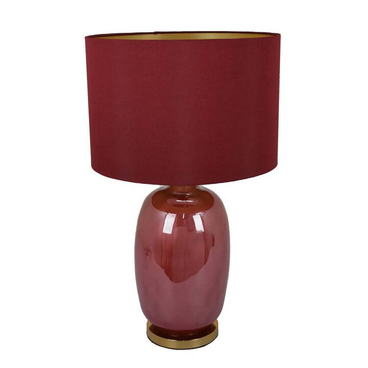 Gia 25 Inch Table Lamp, Drum Shade, Vase Shape Glass Body, Red Finish - Benzara