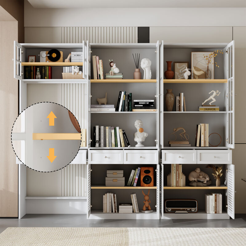 FUFU&GAGA White MDF & Tempered Glass Storage Cabinet with 6 Drawers, Adjustable Shelves & Shutter Doors, Modern Bookcase (94.5 in. W x 15.7 in. D x 78.7 in. H) image number 5