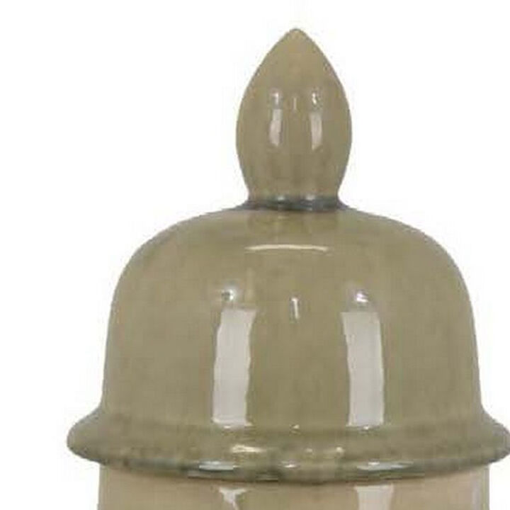 Pril 20 Inch Temple Jar with Clean Lines, Ceramic, Brown, Green Finish - Benzara