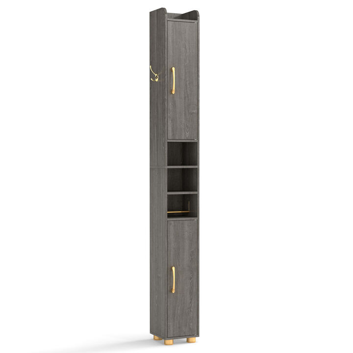 Freestanding Narrow Bathroom Cabinet with Open Shelves and Toilet Paper Holder