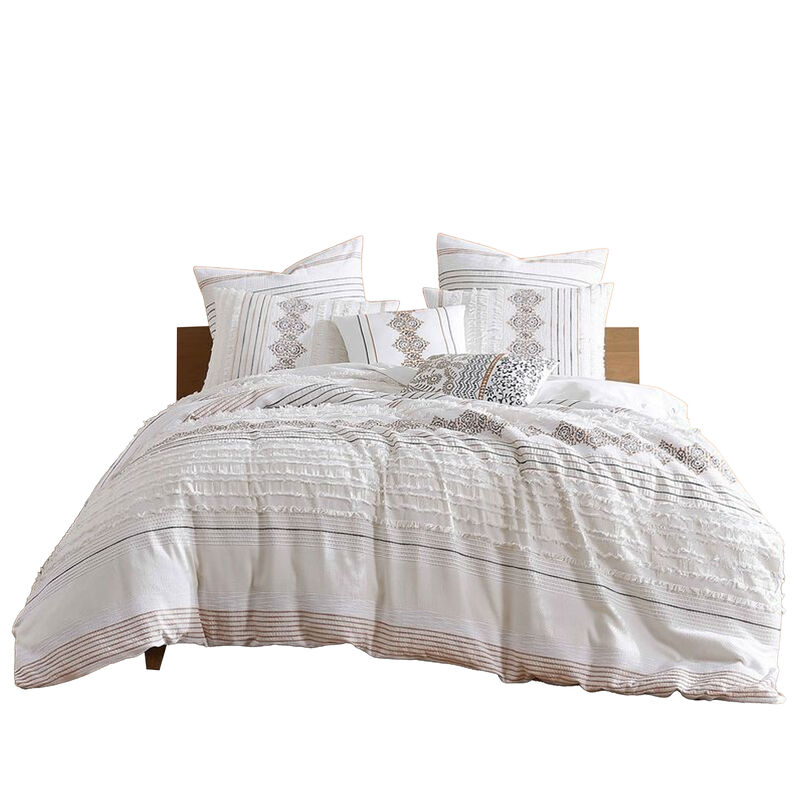 Jela 5pc King Size Comforter Set, Shams, White Clipped Jacquard Stripe