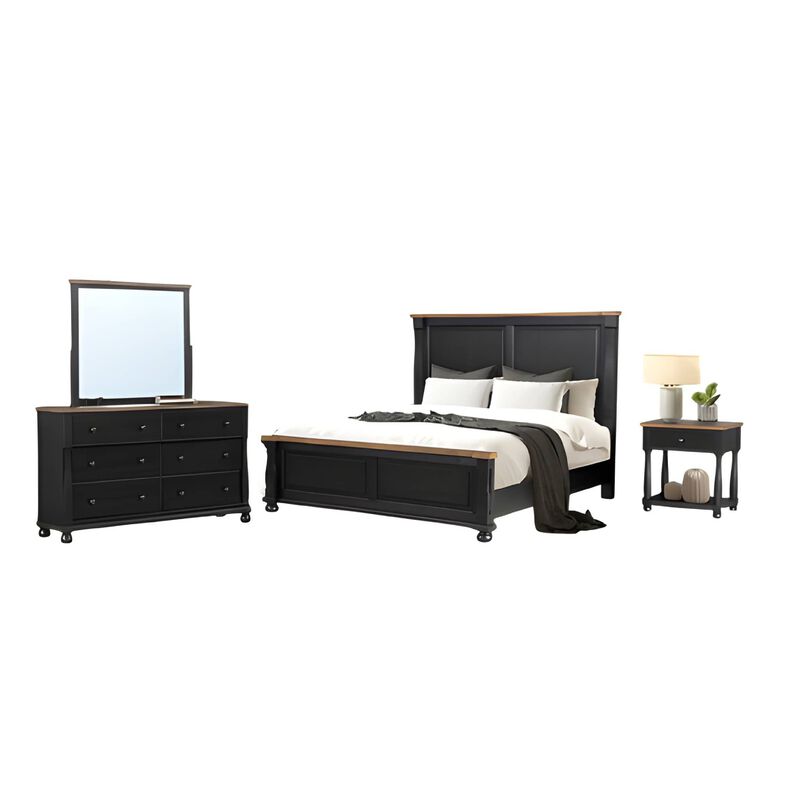 Ginie 4pc Queen Bedroom Set, USB Bedside Table, Black Rustic Oak Brown image number 2