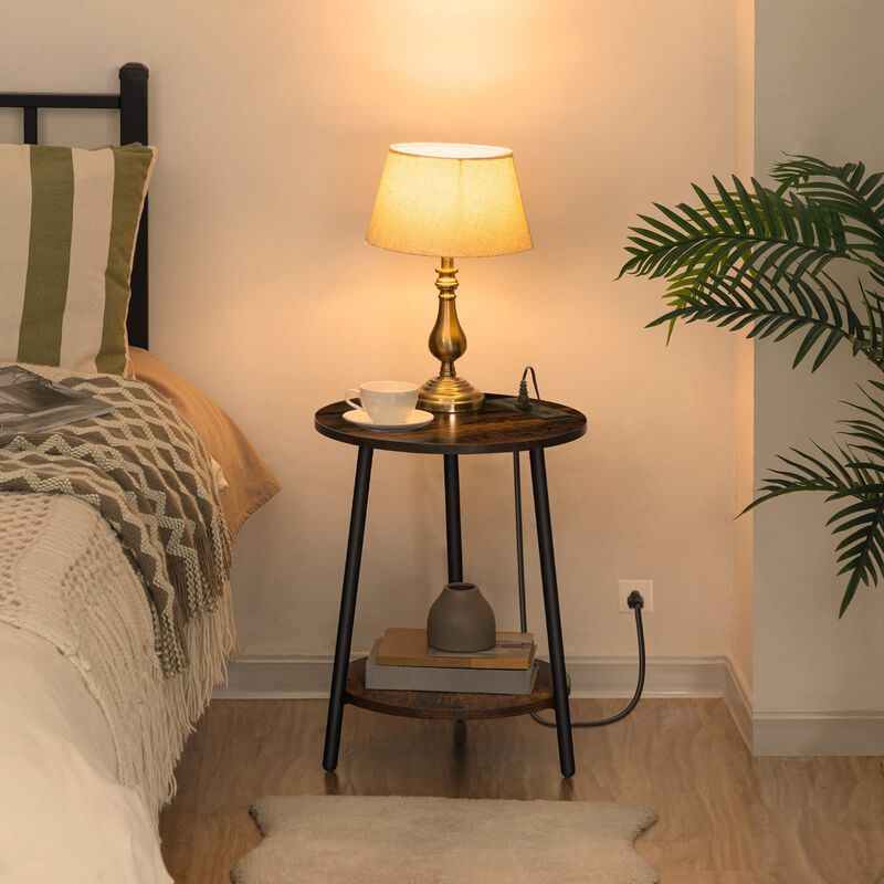 Round Side Table with Charging Station, 2 Tier End Table with Storage Shelves image number 5