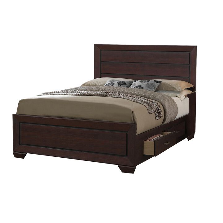 Wooden Queen Size Bed with 4 Spacious Side Rail Drawers, Dark Brown-Benzara