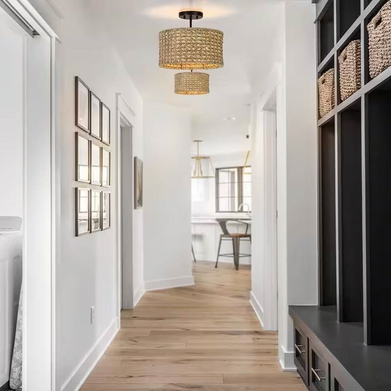 Handwoven Rattan Drum Ceiling Light – Semi-Flush Mount with Two Bulb Capacity