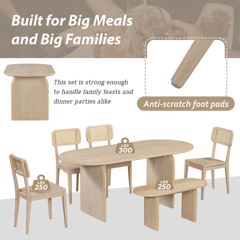 Whisen 6-Piece Oval Dining Set - Rubber Wood Table with 4 Rattan Chairs & Bench, Modern Kitchen Set for 6 - Brown