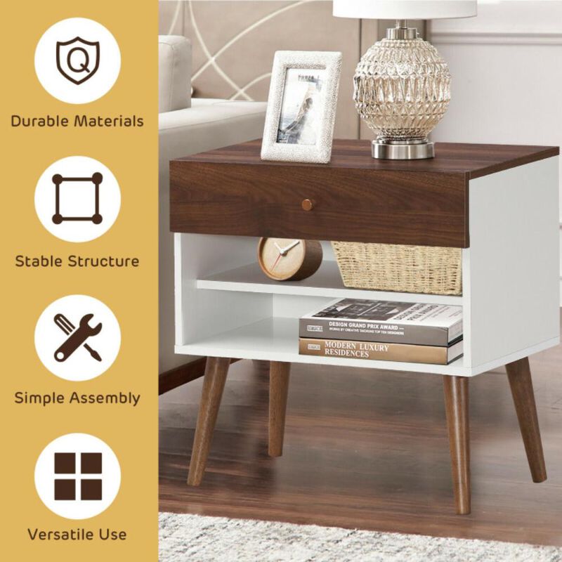 Hivvago Mid-Century Nightstand with Drawer and Rubber Wood Legs