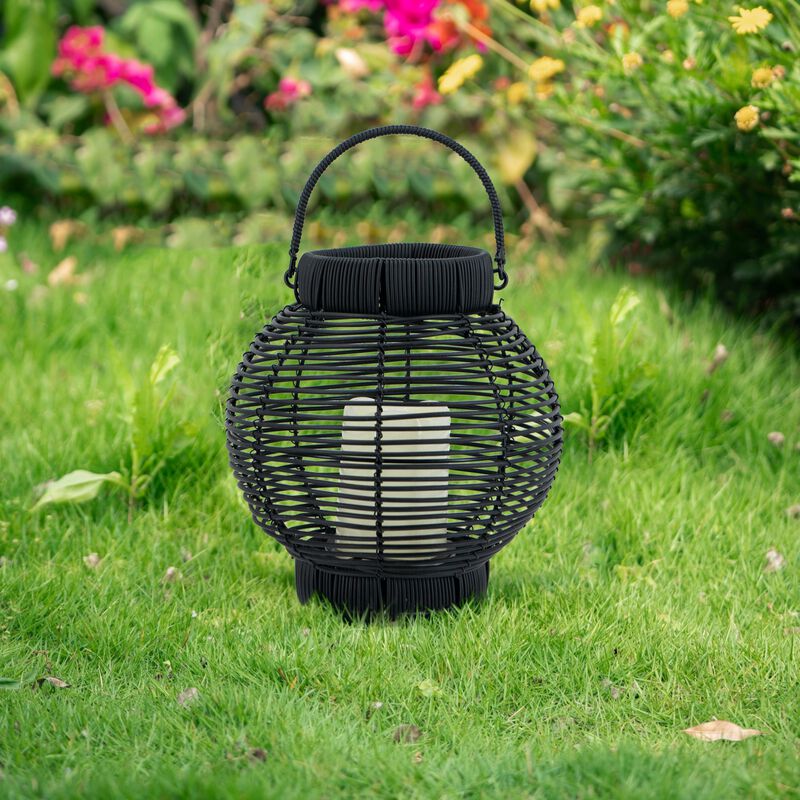 Clihome 8.7x8.7x9.8" Black Poly Rattan Lantern With White LED Candle