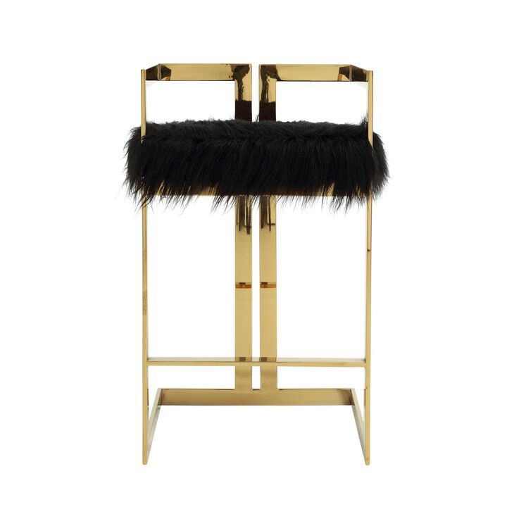 Suki 30 Inch Barstool Chair, Black Faux Fur Seat, Gold Cantilever Base - Benzara