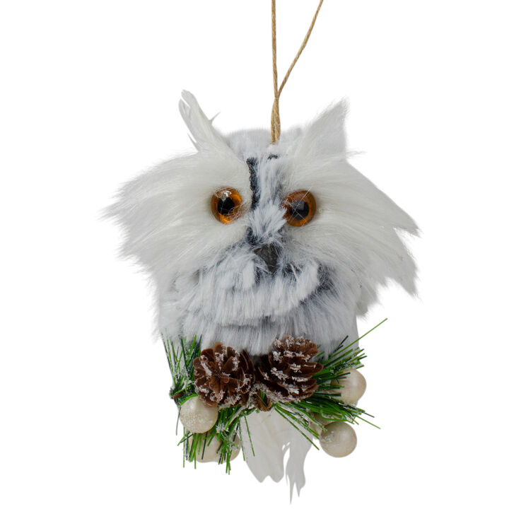 6" White Owl with Pinecones and Berries Christmas Ornament