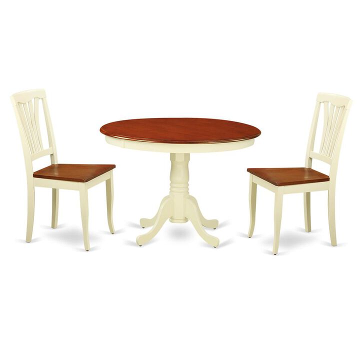 East West Furniture 3  Pc  set  with  a  Round  Small  Table  and  2  Wood  Dinette  Chairs  in  Buttermilk  and  Cherry  .