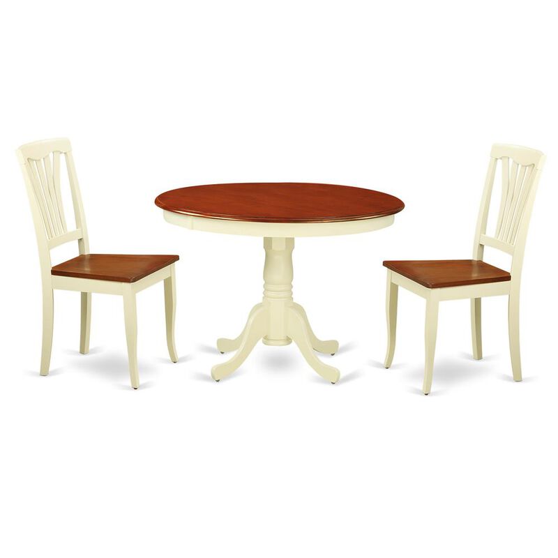 East West Furniture 3  Pc  set  with  a  Round  Small  Table  and  2  Wood  Dinette  Chairs  in  Buttermilk  and  Cherry  .