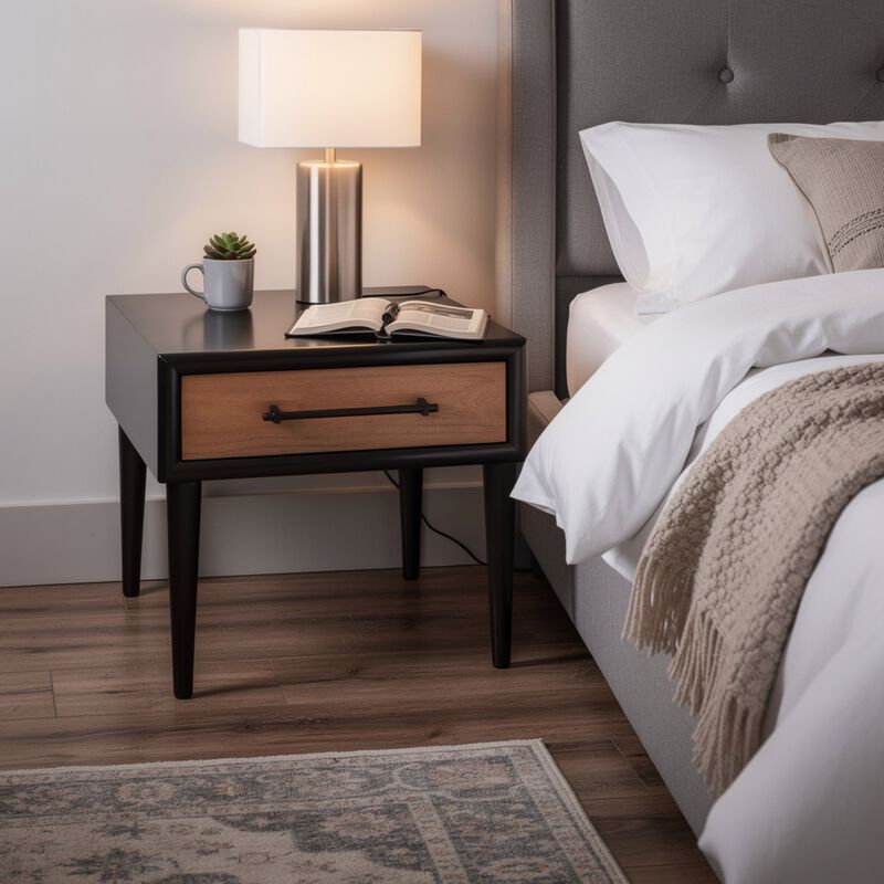 Lucas Side End Table, 1 Drawer, Brown, Black Solid Rubberwood, 24 Inch image number 6