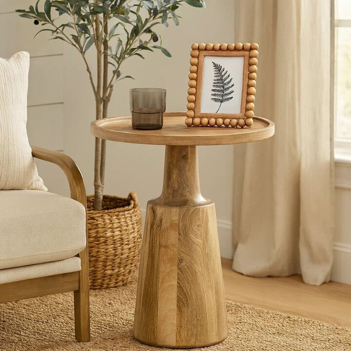 Coch 24 Inch Artisan Accent Table with Round Tabletop, Tapered Base, Brown